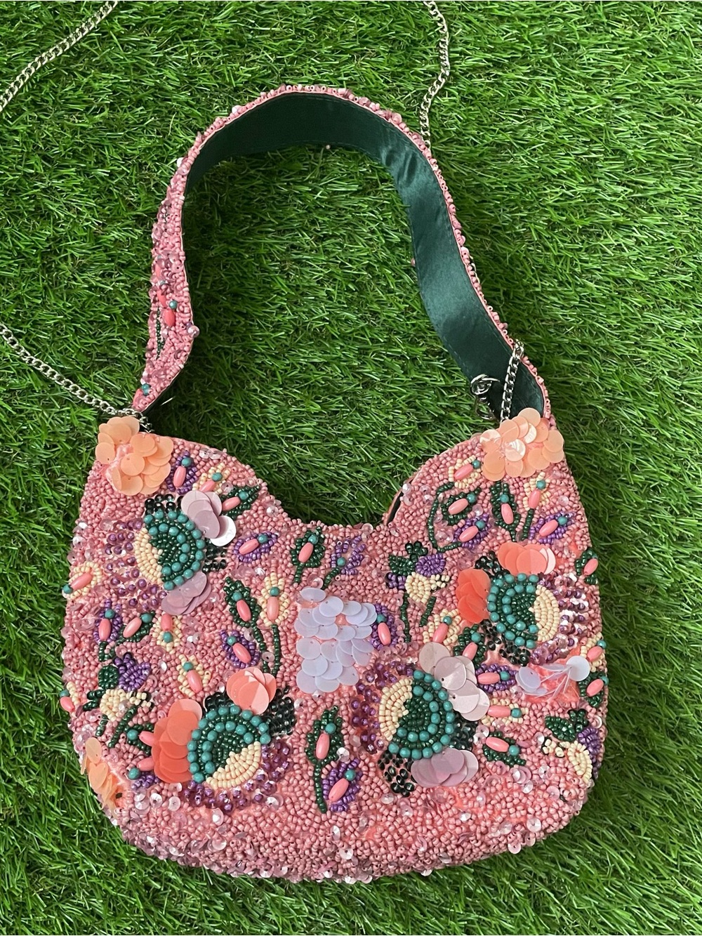 Hand-Beaded Pink Floral Shoulder Bag